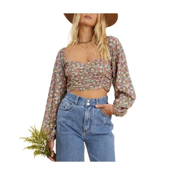 BILLABONG THE SALTY BLONDE Free Love Crop Top Sz M Multicolor Floral Puff Sleeve - Picture 5 of 16